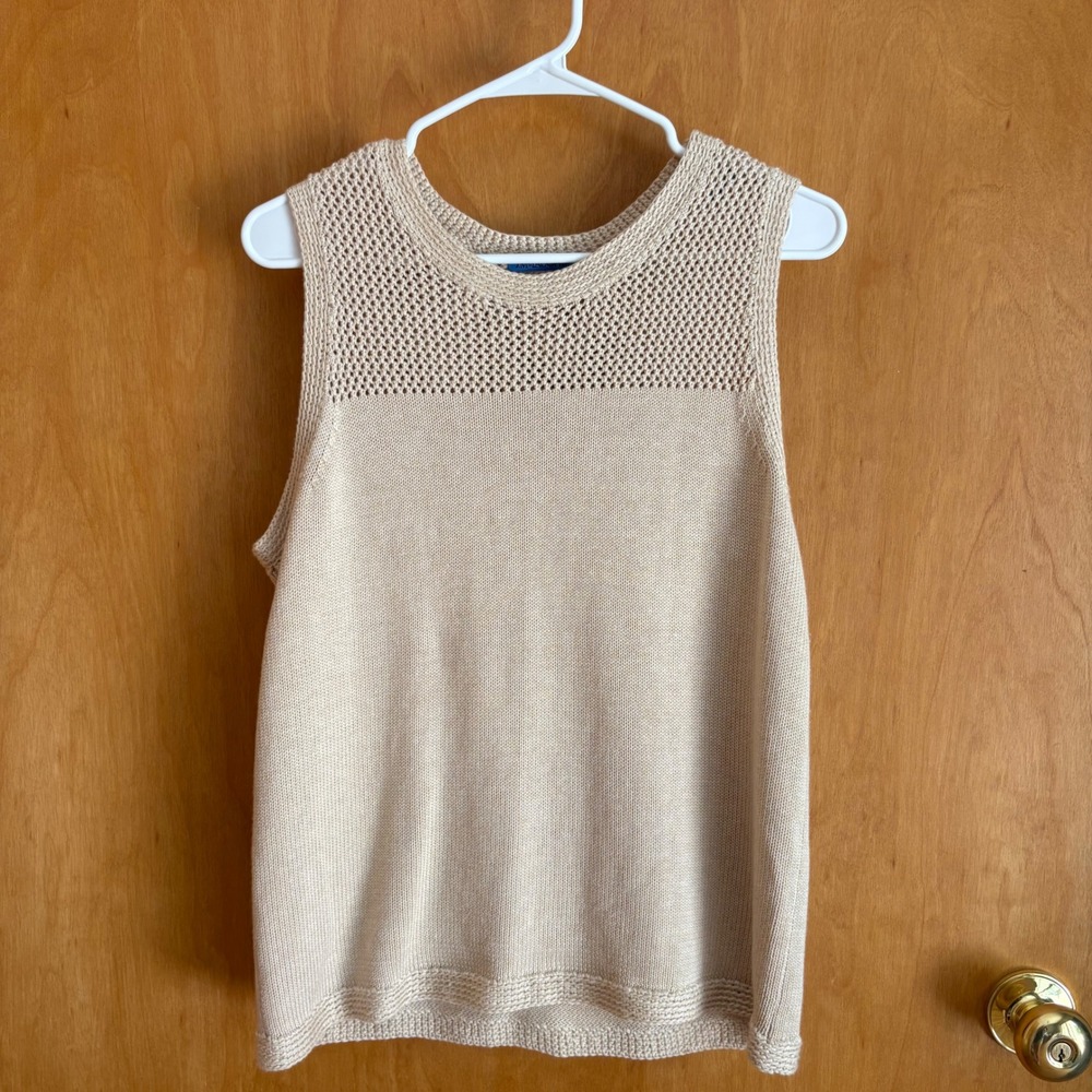 J.McLaughlin Knit Tank Top Womens M Tan Beige Crochet Yoke Cotton Modal Blend